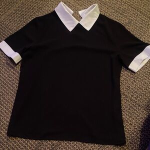 Black Short Sleeve Top with White Collar and Cuff Accents
